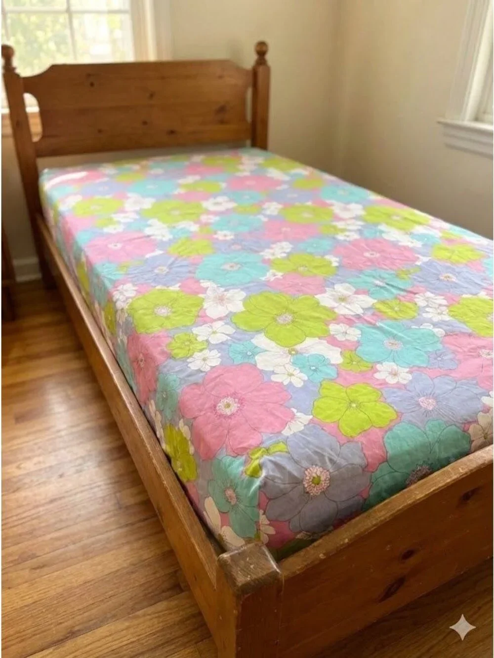 Vintage 70s Lotus Bloom Springmaid Wondercale Fitted Bed Sheet Floral Twin Pink